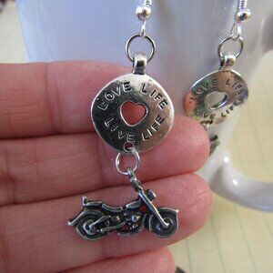 Motorcycle 3D Charm Love Life Live Life Round Charm Silverplate Biker Earrings